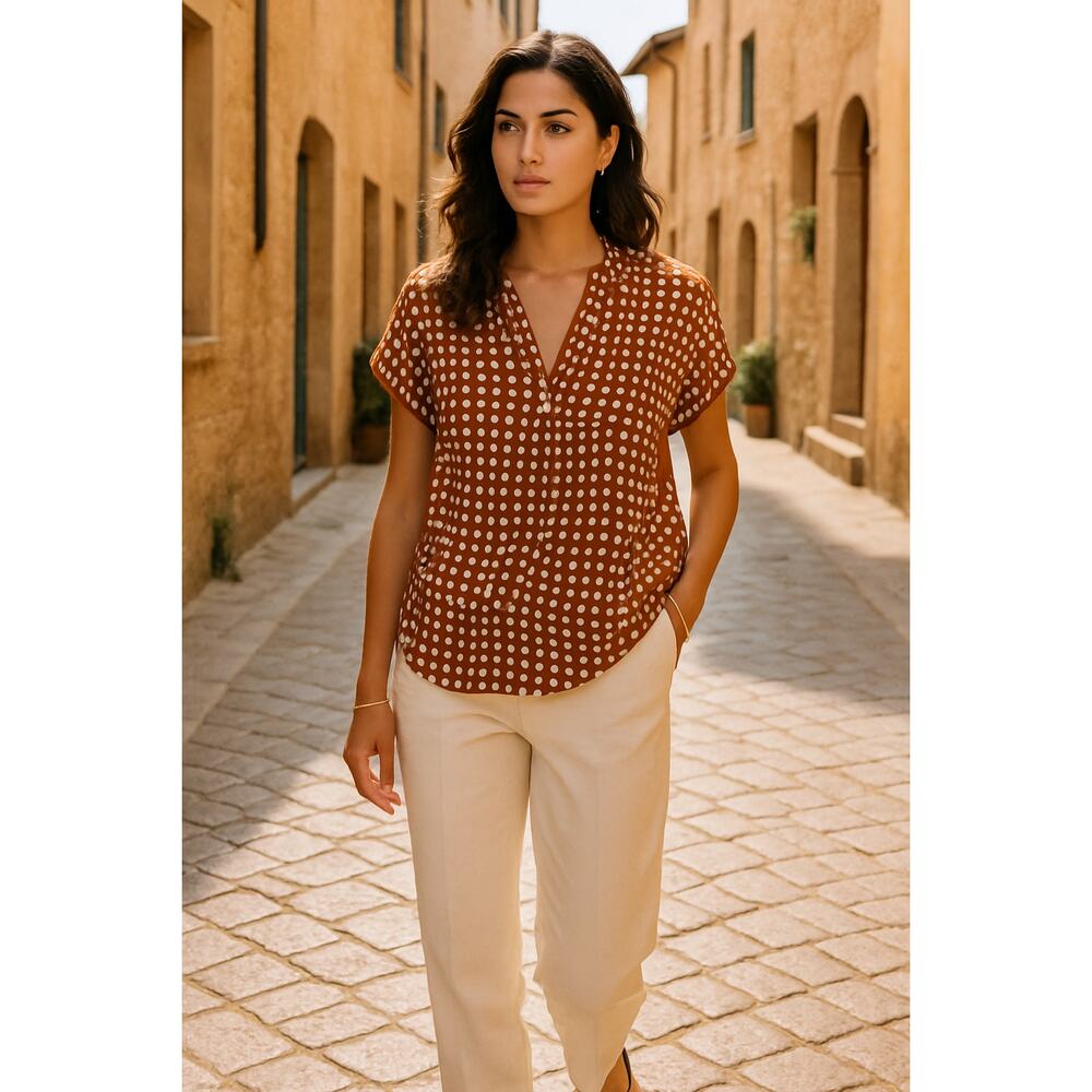 Loro Piana 100% Silk Polka Dot Blouse Rust White Dot Print Italy Size 42